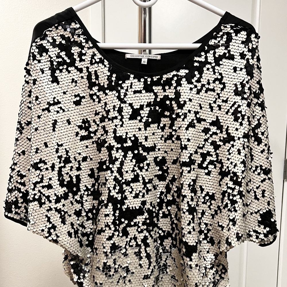 Collection Concepts, Black with White Sequin, Blouse, XS
